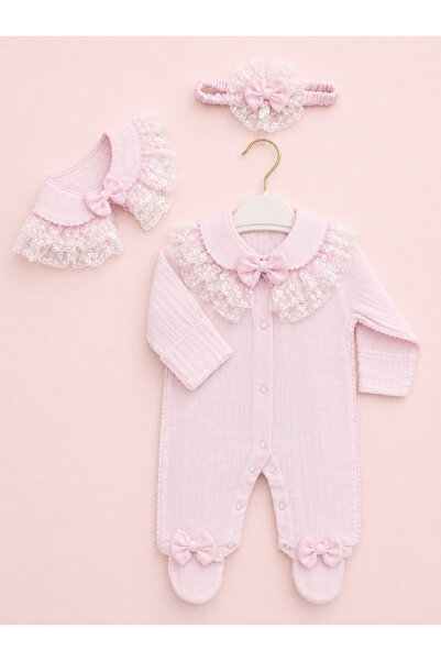 Kardeşler Bebe Bow and Lace Detailed Detachable Collar Baby Girl Romper with ...