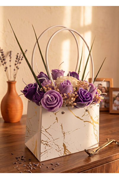 Raw Home Özel Gün Hediyesi Gold Desenli Çanta Mor 14 Parça Gül ve Lale Mum Ar...