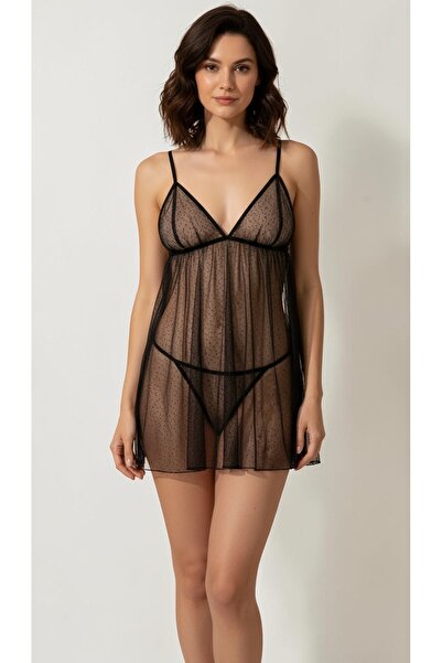 GEMA MODA Transparan Siyah Puantiyeli Tül Babydoll Gecelik ve String Takım