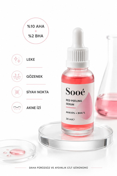 Sooê Kırmızı AHA BHA Peeling Serum 30 ml %10 AHA + %2 BHA, Glikolik Asit & Salisilik Asit, Leke Gözenek Akne İzi Karşıtı Yüz Serumu