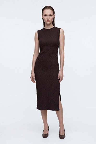 HAKKE Waffle Fabric Side Slit Midi Dress