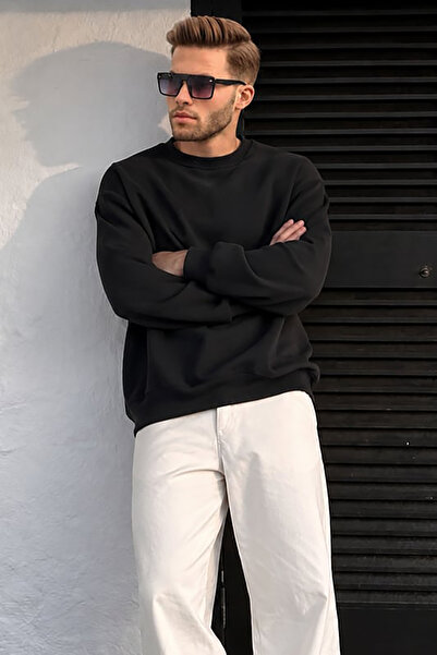 Madmext Black Crew Neck Oversize Basic Men's Sweatshirt 6048