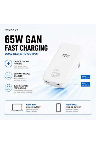 Mycandy Slim Travel Charger GTC-D370 GaN 65W Dual Type-C
