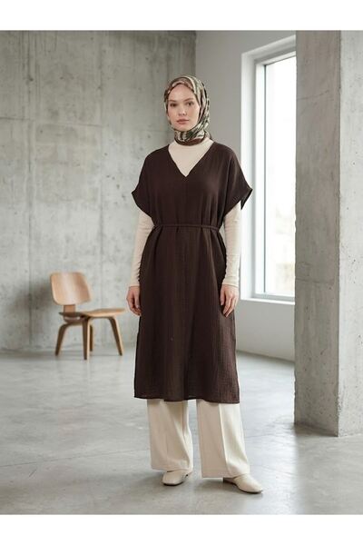 Lunsera Store Relaxed Fit V-Neck Muslin Dress-Brown