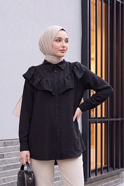Modamorfo Robadan Ruffled Buttoned Rayon Tunic - Black