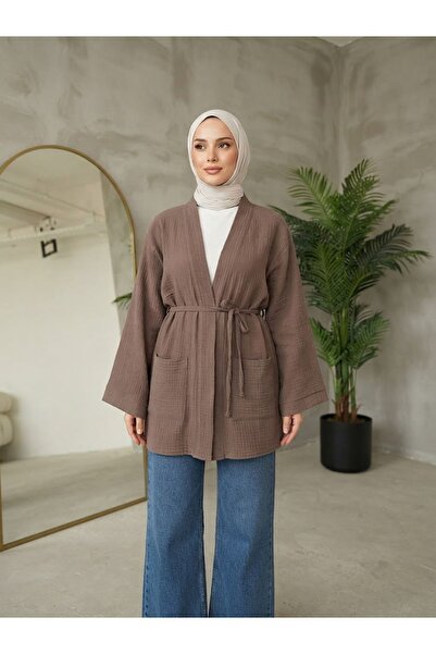 Generic Brand سترة نسائية من قماش الموسلين من لونسيرا مع جيوب وأكمام طويلة ور...