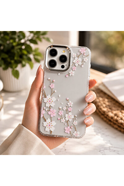 daystar İPhone 15 ile Uyumlu Bahar Çiçeği Desenli Şeffaf Telefon Kılıfı