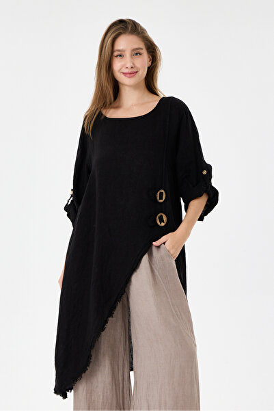 della moor Women's Black Italian 100% Linen Long Linen Tunic with Deep Side S...
