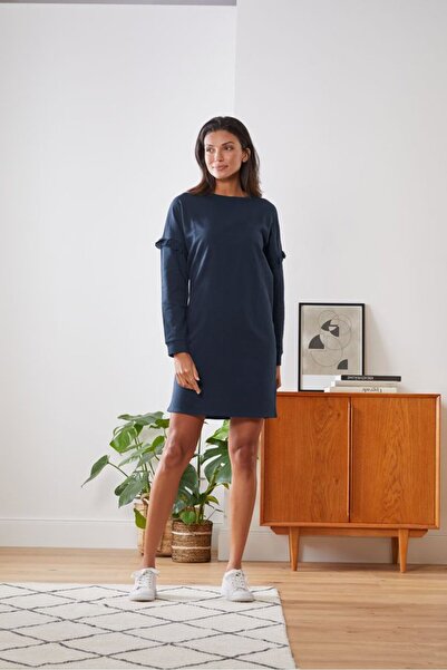 Tchibo Women Round Neck Plain Long Sleeve Sweatshirt Dress, Navy