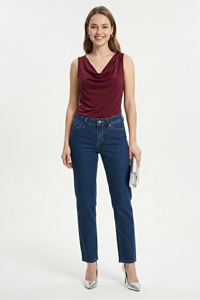 Calvin Klein Jeans بنطلون جينز نسائي عادي غير قابل للتمدد بخصر مرتفع، أزرق