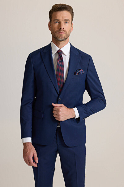 Ysf Erkek Petrol Slim Fit Sivri Yaka Yünlü Takım Elbise