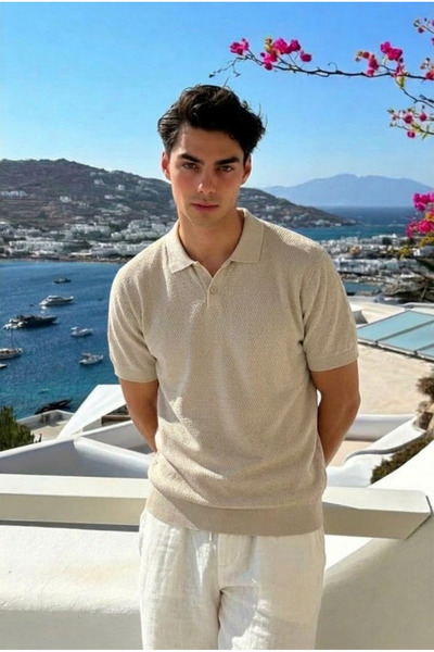 DAMGA JEANS تي شيرت رجالي بياقة بولو مريح للاستخدام اليومي بلون بيج
