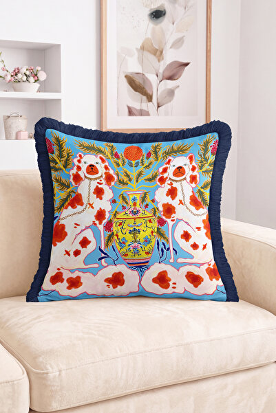 Realhomes Fringed Throw Pillow Cover with Double Dog Figure and Floral Vase P...