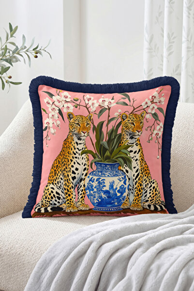 Realhomes Leopard Figured Pink Floor Flower and Blue Tile Vase Patterned Frin...