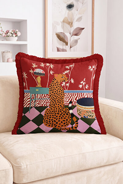 Realhomes Fringed Throw Pillow Cover with Leopard Figure and Bamboo Motif on ...