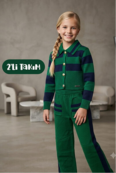 Hilal Akıncı Kids طقم بناتي مخطط بأزرار ذهبية