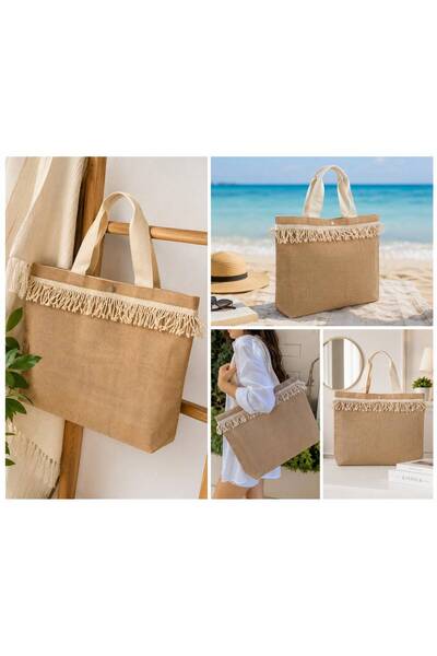 QUTBAG Safari Püsküllü Jüt Otantik Plaj Çantası one size