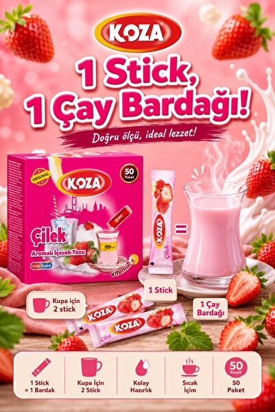 Koza Gurmelerin Seçimi Pratik Lezzet Çilek Aromalı Tek İçimlik Çilek Çayı Premium İçecek Tozu 50 Stick