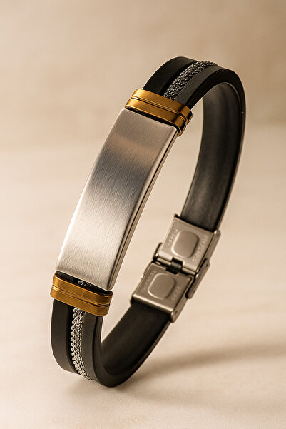 OSMANLI GÜMÜŞ Men's Name Writable Straw Detailed Rubber Steel Bracelet Imprint