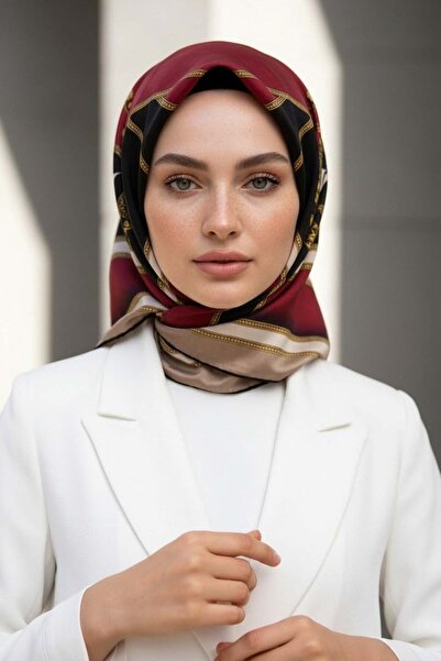 Vissona %100 Twill İpek Baroklu Ve Geometrik Desenli Bordo - Bej Renkli 90x90...