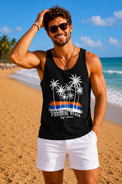 İLKCET MODA Men's Beach Themed Printed Oversize Tank Top