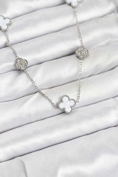 Skygo 316L Steel Chain Silver Color White and Zircon Stone Clover Women Neckl...