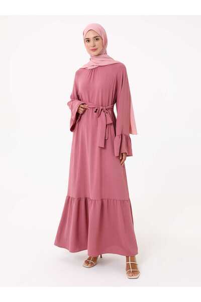 Refka Belted Hijab Dress with Flywheel Detail on the Sleeves - Dark Rose -