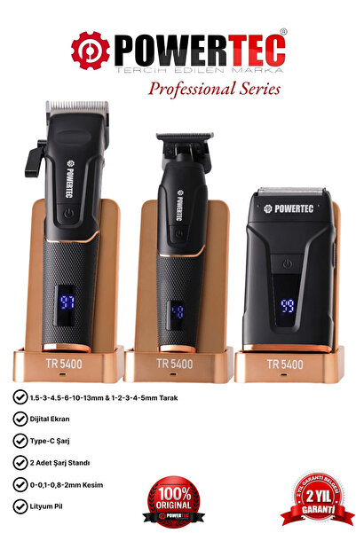 POWERTEC TR-5400 Saç-Sakal-Vücut-Ense-Günlük Tıraş Makinesi 3'lü Set