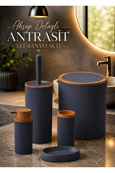 Store Set de baie HGY Home Mina Antracit cu detalii din lemn, 5 piese