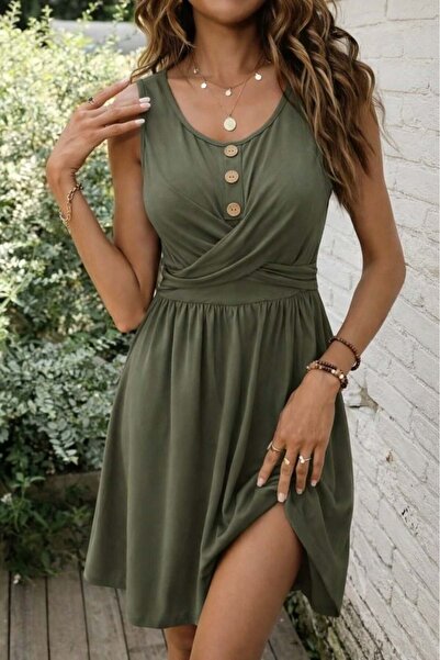 Generic Brand Women's round neck button detailed short viscose dress with straps