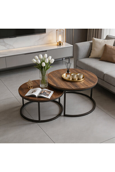 JIYUANG Modern Walnut Coffee Table Set of 2, Double Layer Nested Round Coffee...