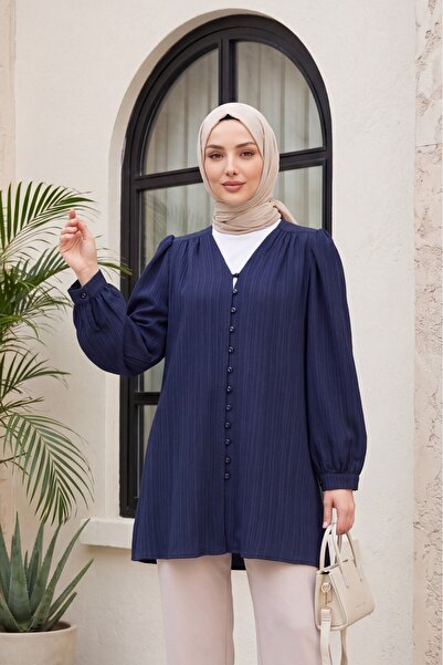 Modamorfo قميص بياقة على شكل V وأزرار علوية - لون كحلي