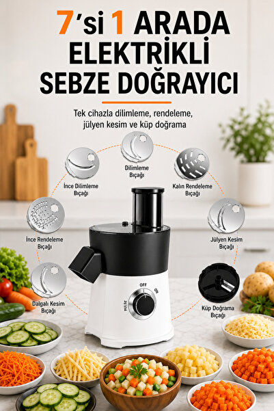 ROBO Elektrikli Sebze Meyve Doğrayıcı – 8 mm Küp Doğrama, 7 Kesim Aparatı, 65...