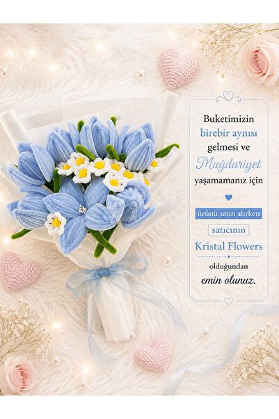 Kristal Flowers El Yapımı Solmayan Mavi Buket – Dekoratif Çiçek Aranjmanı - Ş...