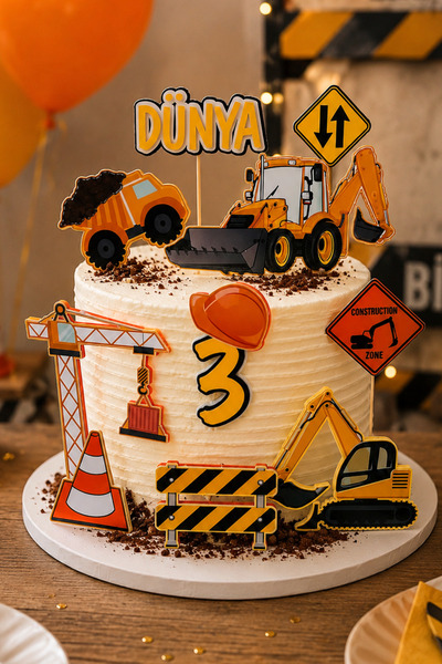 caketopper İş Makineleri Temalı Kişiye Özel Erkek Çocuk Doğum Günü Pasta Süsü...