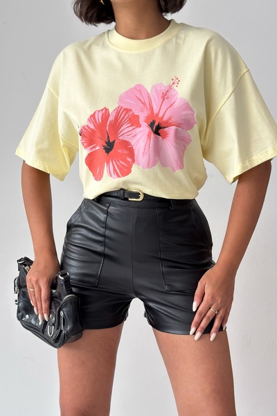 CrepTekstil Crep Women's Pink Floral Printed Oversize Yellow T-Shirt 100% Cot...