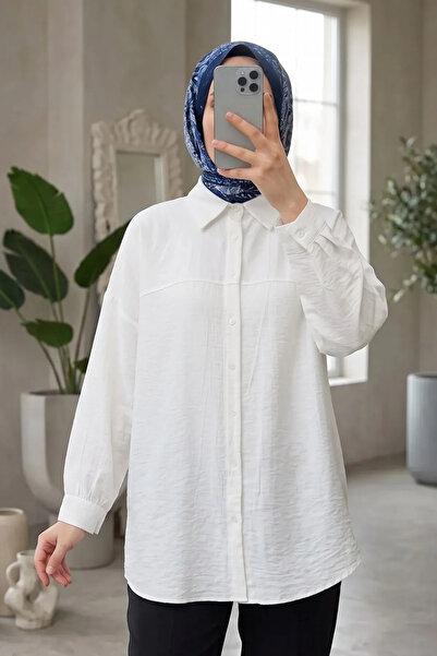 Modestim Tesettür Kadın Ekru Çilek Kumaş Trend Tesettür Tunik Düğmeli 78 CM O...