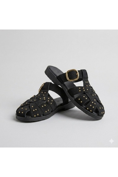 KİNDEP (Park Moda) Trok Detailed Closed Toe Casual Women's Slippers Black