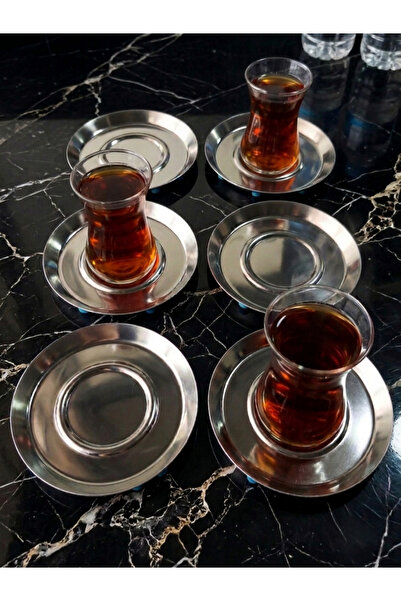 SEVA ÇELİK STAINLESS STEEL SILVER COLOR ROUND 6 PIECE TEA SAUCER GLASS COASTER