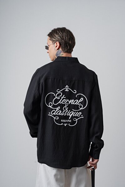 Respire Men's Eternal Embroidered Long Sleeve Linen Oversized Shirt Black