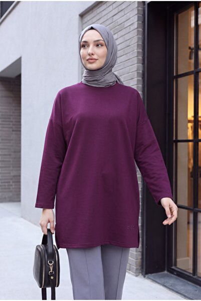 Modamorfo Loose Combed Cotton Tunic with Heart Detail on the Skirt and Slits ...