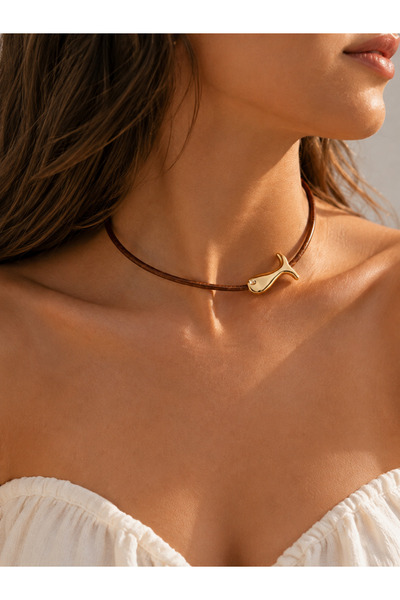 Kutcha Accessories Altın Kaplama Balık  Hakiki Deri Choker Kolye
