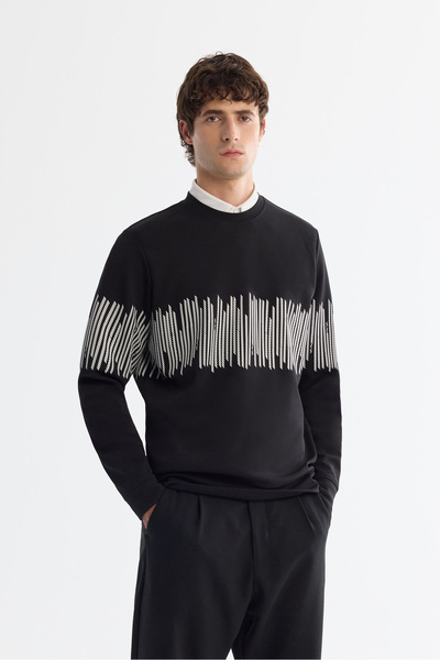Avva Men's Black Crew Neck Cotton Striped Sweatshirt B 001203