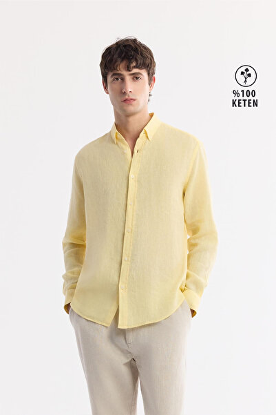 Avva Pánská žlutá košile s knoflíkovým límcem ze 100% lnu Comfort Fit B002191