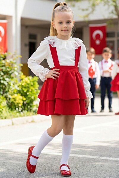 Parla Kids Girl's Helen Red Strap Dress Ecru Lace Long Sleeve Blouse Set October 29 Show Outfit