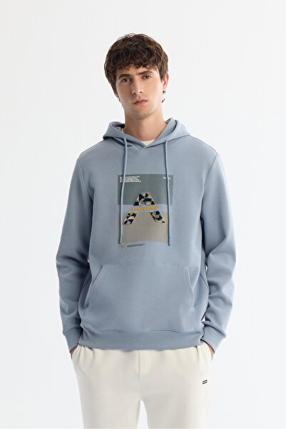Avva Men's Light Blue Hooded Cotton Printed Elastane Regular Fit Sweatshirt A...