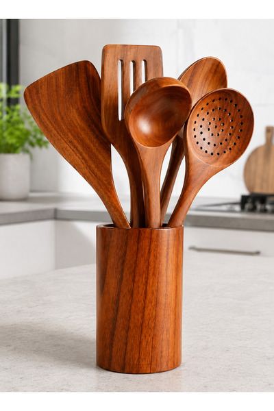 Pomefar Teak Wooden Kitchen Utensil Set, Includes Spatula, Spoons & Fork for ...