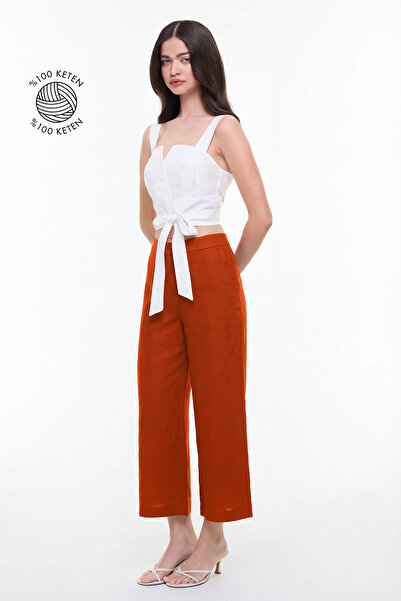 Roman Düz Paça Keten Pantolon Kırmızı YY012028_006