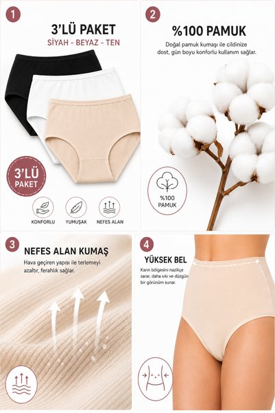 westicgiyim Biyeli Bato Kadın Külot 3'lü Paket %100 Pamuk Geniş Kalıp Yüksek Bel Siyah Beyaz Ten L XL 2XL 3XL 4XL 5XL Büyük Beden