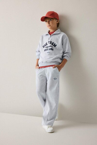DeFacto Barrel Fit College Printed Optical Light Gray Melange Trousers for Bo...